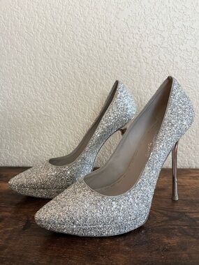 Alice + Olivia x Stacey Bendet 5” stiletto silver sparkle heels